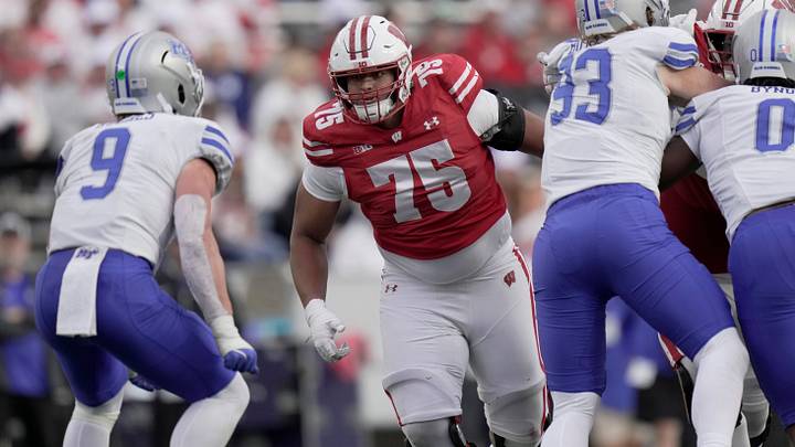 Wisconsin offensive lineman Emerson Mandell (75) during the fourth quarter of the game Saturday, September 6, 2025 at Camp Randall Stadium in Madison, Wisconsin. Wisconsin beat Middle Tennessee 42-10.