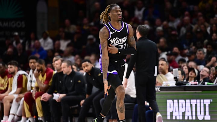 Apr 6, 2025; Cleveland, Ohio, USA; Sacramento Kings guard Keon Ellis (23) celebrates after hitting a three point basket during the second half against the Cleveland Cavaliers at Rocket Arena. Mandatory Credit: Ken Blaze-Imagn Images