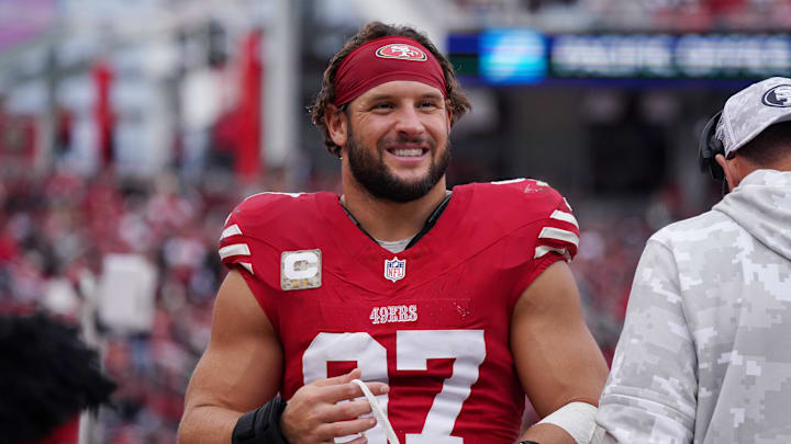 Nov 17, 2024; Santa Clara, California, USA; San Francisco 49ers defensive end Nick Bosa (97) waits on the sidelines against the Seattle Seahawks in the third quarter at Levi's Stadium. Mandatory Credit: David Gonzales-Imagn Images Nov 17, 2024; Santa Clara, California, USA; San Francisco 49ers defensive end Nick Bosa (97) waits on the sidelines against the Seattle Seahawks in the third quarter at Levi's Stadium. Mandatory Credit: David Gonzales-Imagn Images