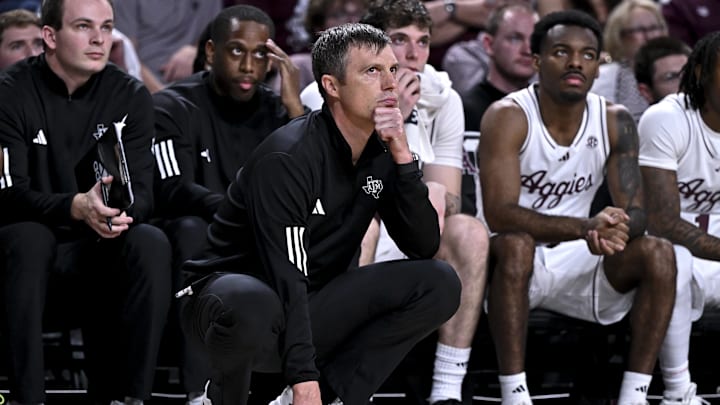 Texas A&M Aggies head coach Bucky McMillan looks on during the second half against the Texas Longhorns at Reed Arena. Texas A&M Aggies head coach Bucky McMillan looks on during the second half against the Texas Longhorns at Reed Arena.
