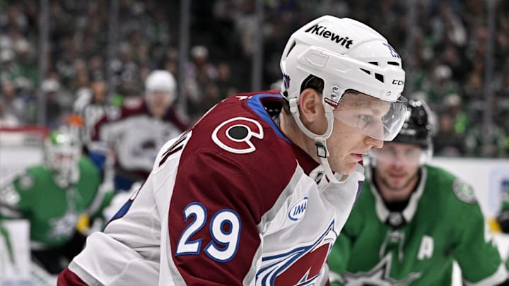 Mar 6, 2026; Dallas, Texas, USA; Colorado Avalanche center Nathan MacKinnon (29) skates against the Dallas Stars during the third period at the American Airlines Center. Mandatory Credit: Jerome Miron-Imagn Images