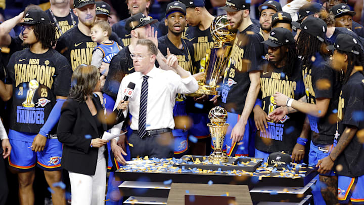 Jun 22, 2025; Oklahoma City, Oklahoma, USA; Oklahoma City Thunder general manager Sam Presti is interviewed after winning game seven of the 2025 NBA Finals against the Indiana Pacers at Paycom Center.