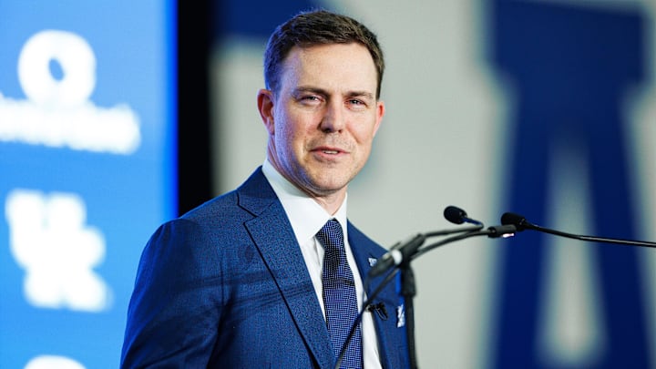 Dec 3, 2025; Lexington, KY, USA; Kentucky Wildcats head football coach Will Stein speaks during his introductory press conference at Nutter Field House. Mandatory Credit: Jordan Prather-Imagn Images