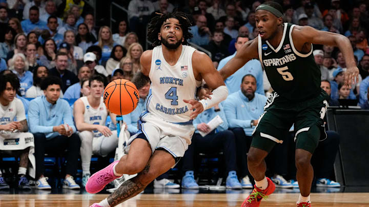 Mar 23, 2024; Charlotte, NC, USA; North Carolina Tar Heels guard RJ Davis (4) against Michigan State