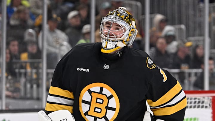 Mar 19, 2026; Boston, Massachusetts, USA; Boston Bruins goaltender Jeremy Swayman (1) reacts after making a save during the second period against the Winnipeg Jets at TD Garden. Mandatory Credit: Eric Canha-Imagn Images Mar 19, 2026; Boston, Massachusetts, USA; Boston Bruins goaltender Jeremy Swayman (1) reacts after making a save during the second period against the Winnipeg Jets at TD Garden. Mandatory Credit: Eric Canha-Imagn Images