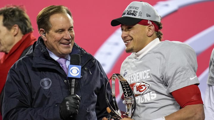 Jan 29, 2023; Kansas City, Missouri, USA; Jim Nantz presents the Lamar Hunt Trophy to Kansas City Chiefs quarterback Patrick Mahomes (15) after the AFC championship NFL game between the Cincinnati Bengals and the Kansas City Chiefs, Sunday, Jan. 29, 2023, at Arrowhead Stadium in Kansas City, Mo. The Kansas City Chiefs advanced to the Super Bowl with a 23-20 win over the Bengals. Mandatory Credit: Sam Greene-Imagn Images Jan 29, 2023; Kansas City, Missouri, USA; Jim Nantz presents the Lamar Hunt Trophy to Kansas City Chiefs quarterback Patrick Mahomes (15) after the AFC championship NFL game between the Cincinnati Bengals and the Kansas City Chiefs, Sunday, Jan. 29, 2023, at Arrowhead Stadium in Kansas City, Mo. The Kansas City Chiefs advanced to the Super Bowl with a 23-20 win over the Bengals. Mandatory Credit: Sam Greene-Imagn Images