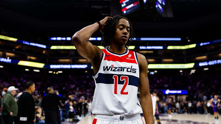 Jan 16, 2026; Sacramento, California, USA; Washington Wizards guard Tre Johnson (12) reacts after the game against the Sacramento Kings at Golden 1 Center. Mandatory Credit: Sergio Estrada-Imagn Images