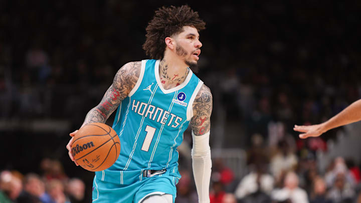 Feb 7, 2026; Atlanta, Georgia, USA; Charlotte Hornets guard LaMelo Ball (1) handles the ball against the Atlanta Hawks in the third quarter at State Farm Arena. Mandatory Credit: Brett Davis-Imagn Images