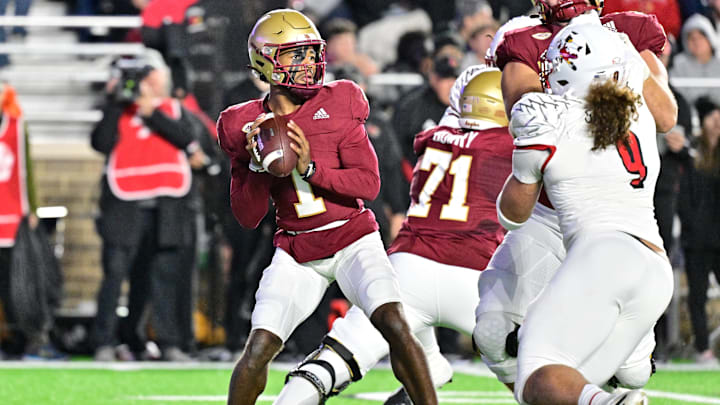 Oct 25, 2024; Chestnut Hill, Massachusetts, USA; Boston College Eagles quarterback Thomas Castellanos (1)  throws a pass against the Louisville Cardinals during the first half at Alumni Stadium. Mandatory Credit: Eric Canha-Imagn Images