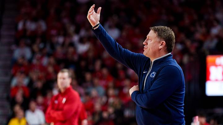 Penn State Nittany Lions head coach Mike Rhoades waves during the second half against the Nebraska Cornhuskers at Pinnacle Bank Arena. 