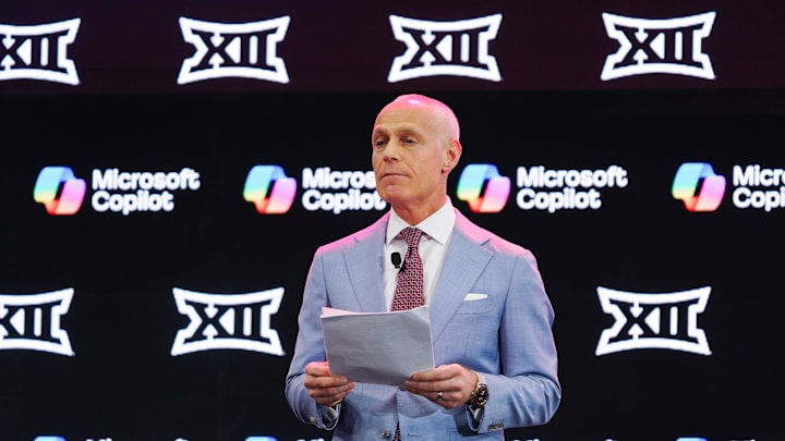 Jul 8, 2025; Frisco, TX, USA; Big 12 Commissioner Brett Yormark addresses the media during the 2025 Big 12 Football Media Days at The Star. Mandatory Credit: Raymond Carlin III-Imagn Images Jul 8, 2025; Frisco, TX, USA; Big 12 Commissioner Brett Yormark addresses the media during the 2025 Big 12 Football Media Days at The Star. Mandatory Credit: Raymond Carlin III-Imagn Images