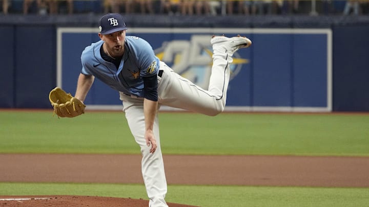 Apr 2, 2023; St. Petersburg, Florida, USA; Tampa Bay Rays starting pitcher Jeffrey Springs (59) throws a pitch against the Detroit Tigers during the first inning at Tropicana Field.