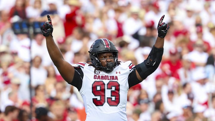 Oct 19, 2024; Norman, Oklahoma, USA;  South Carolina Gamecocks defensive tackle Nick Barrett (93) reacts after a touchdown during the first half against the Oklahoma Sooners at Gaylord Family-Oklahoma Memorial Stadium. Mandatory Credit: Kevin Jairaj-Imagn Images
