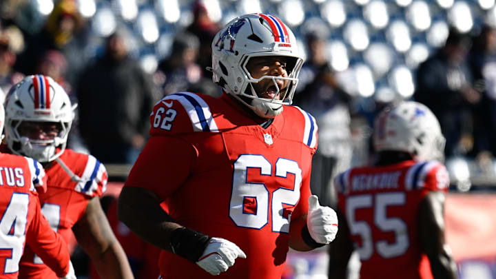 Dec 1, 2024; Foxborough, Massachusetts, USA; New England Patriots guard Sidy Sow (62) warms up before a game against the Indianapolis Colts at Gillette Stadium. Mandatory Credit: Eric Canha-Imagn Images