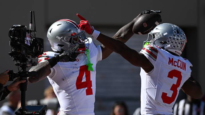 Oct 17, 2026; Bloomington, Indiana, USA; Ohio State Buckeyes wide receiver Jeremiah Smith (4) celebrates after a touchdown reception against the Indiana Hoosiers during the second half at Merchants Bank Field at Memorial Stadium. Mandatory Credit: Robert Goddin-Imagn Images Oct 17, 2026; Bloomington, Indiana, USA; Ohio State Buckeyes wide receiver Jeremiah Smith (4) celebrates after a touchdown reception against the Indiana Hoosiers during the second half at Merchants Bank Field at Memorial Stadium. Mandatory Credit: Robert Goddin-Imagn Images