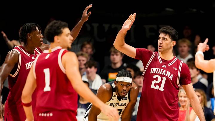 Indiana Hoosiers center Samet Yigitoglu (21) high-fives Indiana Hoosiers forward Aiden Sherrell (22) on Sunday, Oct. 11, 2026, during a preseason game at Hinkle Fieldhouse in Indianapolis. The Indiana Hoosiers defeated the Butler Bulldogs, 96-68. Indiana Hoosiers center Samet Yigitoglu (21) high-fives Indiana Hoosiers forward Aiden Sherrell (22) on Sunday, Oct. 11, 2026, during a preseason game at Hinkle Fieldhouse in Indianapolis. The Indiana Hoosiers defeated the Butler Bulldogs, 96-68.