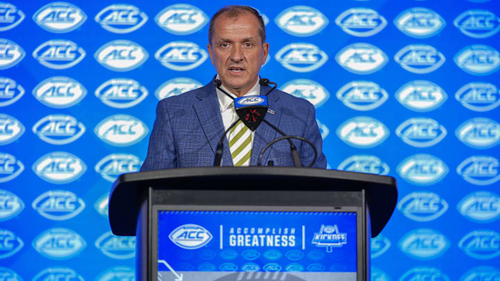 Jul 22, 2025; Charlotte, NC, USA; ACC commissioner Jim Phillips speaks to the media during ACC Media Days at Hilton Charlotte Uptown. Mandatory Credit: Jim Dedmon-Imagn Images