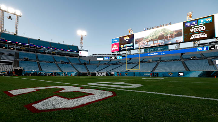 Jan 7, 2023; Jacksonville, Florida, USA; General view of the Jacksonville Jaguars field painted to pay tribute to Buffalo Bills safety Damar Hamlin (3) prior to the game against the Tennessee Titans at TIAA Bank Field. Jan 7, 2023; Jacksonville, Florida, USA; General view of the Jacksonville Jaguars field painted to pay tribute to Buffalo Bills safety Damar Hamlin (3) prior to the game against the Tennessee Titans at TIAA Bank Field.
