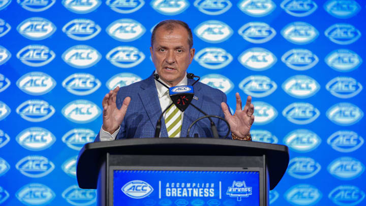 Jul 22, 2025; Charlotte, NC, USA; ACC commissioner Jim Phillips speaks to the media during ACC Media Days at Hilton Charlotte Uptown. Mandatory Credit: Jim Dedmon-Imagn Images