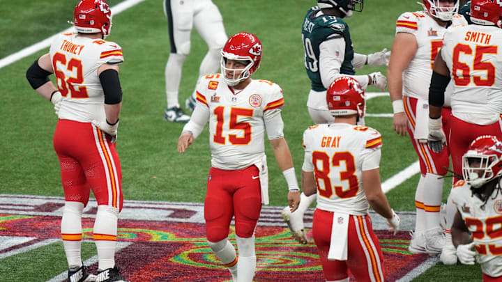 Feb 9, 2025; New Orleans, LA, USA; Kansas City Chiefs quarterback Patrick Mahomes (15) reacts after a fumble and sack by the Philadelphia Eagles defense during the fourth quarter in Super Bowl LIX at Caesars Superdome. Mandatory Credit: Kirby Lee-Imagn Images