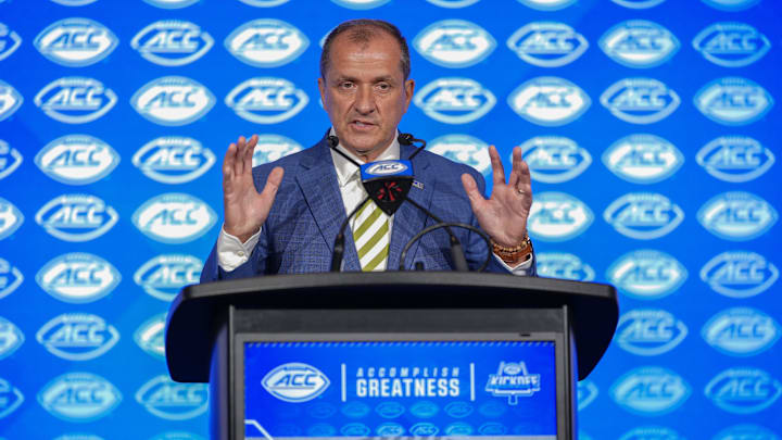 Jul 22, 2025; Charlotte, NC, USA; ACC commissioner Jim Phillips speaks to the media during ACC Media Days at Hilton Charlotte Uptown. Mandatory Credit: Jim Dedmon-Imagn Images