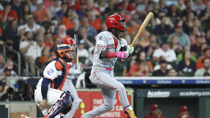 May 10, 2025; Houston, Texas, USA; Cincinnati Reds shortstop Elly De La Cruz (44) hits a home run during the first inning against the Houston Astros at Daikin Park. Mandatory Credit: Troy Taormina-Imagn Images