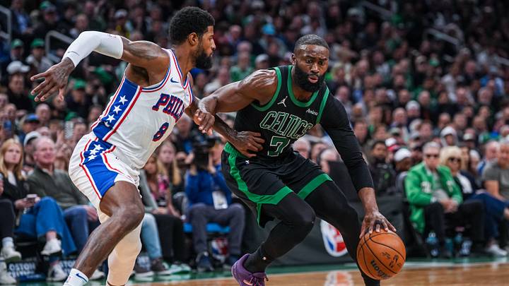 Apr 28, 2026; Boston, Massachusetts, USA; Boston Celtics guard Jaylen Brown (7) drives the ball against Philadelphia 76ers forward Paul George (8) in the second half during game five of the first round of the 2026 NBA Playoffs at TD Garden. Mandatory Credit: David Butler II-Imagn Images Apr 28, 2026; Boston, Massachusetts, USA; Boston Celtics guard Jaylen Brown (7) drives the ball against Philadelphia 76ers forward Paul George (8) in the second half during game five of the first round of the 2026 NBA Playoffs at TD Garden. Mandatory Credit: David Butler II-Imagn Images