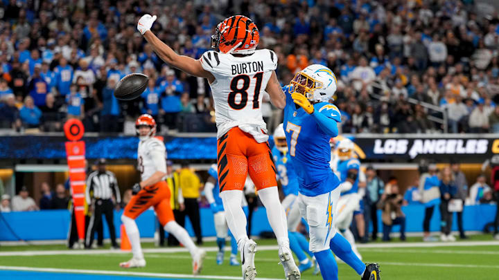 Cincinnati Bengals wide receiver Jermaine Burton (81) is unable to pull in a pass in the end zone under coverage from Los Angeles Chargers cornerback Kristian Fulton (7) in the second quarter of the NFL Week 11 game between the Los Angeles Chargers and the Cincinnati Bengals at SoFi Stadium in Inglewood, Calif., on Sunday, Nov. 17, 2024. The Chargers led 24-6 at halftime.