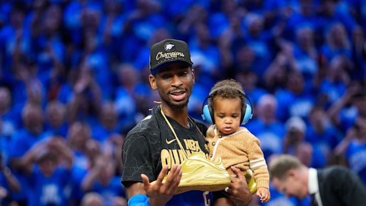 Jun 22, 2025; Oklahoma City, Oklahoma, USA; Oklahoma City Thunder guard Shai Gilgeous-Alexander (2) after winning game seven of the 2025 NBA Finals against the Indiana Pacers at Paycom Center. Mandatory Credit: Kyle Terada-Imagn Images