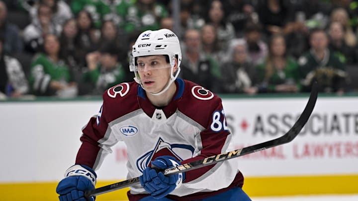 Nov 29, 2024; Dallas, Texas, USA; Colorado Avalanche center Ivan Ivan (82) in action during the game between the Dallas Stars and the Colorado Avalanche at American Airlines Center. Mandatory Credit: Jerome Miron-Imagn Images