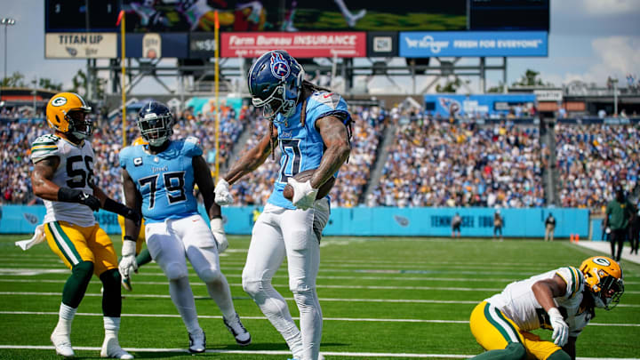 Tennessee Titans wide receiver DeAndre Hopkins (10) celebrates his touchdown against the Green Bay Packers during the third quarter at Nissan Stadium in Nashville, Tenn., Sunday, Sept. 22, 2024. Tennessee Titans wide receiver DeAndre Hopkins (10) celebrates his touchdown against the Green Bay Packers during the third quarter at Nissan Stadium in Nashville, Tenn., Sunday, Sept. 22, 2024.