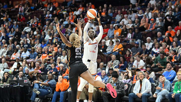 Jun 18, 2025; Uncasville, Connecticut, USA; Phoenix Mercury guard Kahleah Copper (2) shoots the ball over Connecticut Sun forward Aneesah Morrow (24) during the second half at Mohegan Sun Arena. Mandatory Credit: Eric Canha-Imagn Images Jun 18, 2025; Uncasville, Connecticut, USA; Phoenix Mercury guard Kahleah Copper (2) shoots the ball over Connecticut Sun forward Aneesah Morrow (24) during the second half at Mohegan Sun Arena. Mandatory Credit: Eric Canha-Imagn Images