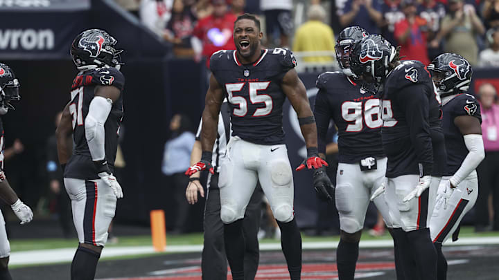 Oct 27, 2024; Houston, Texas, USA; Houston Texans defensive end Danielle Hunter (55) celebrates after a play during the game against the Indianapolis Colts at NRG Stadium. Mandatory Credit: Troy Taormina-Imagn Images