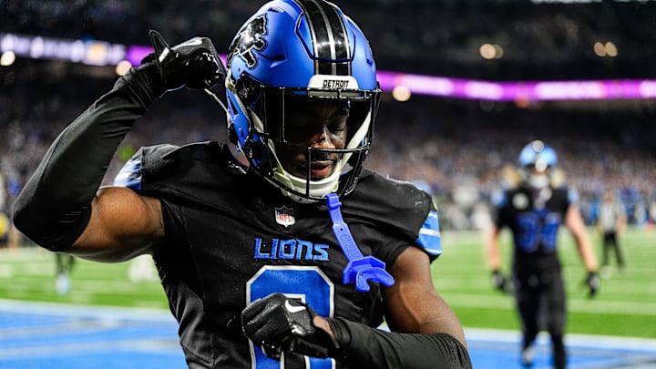 Detroit Lions cornerback Terrion Arnold (0) celebrates a play against Seattle Seahawks during the second half at Ford Field in Detroit on Monday, Sept. 30, 2024.