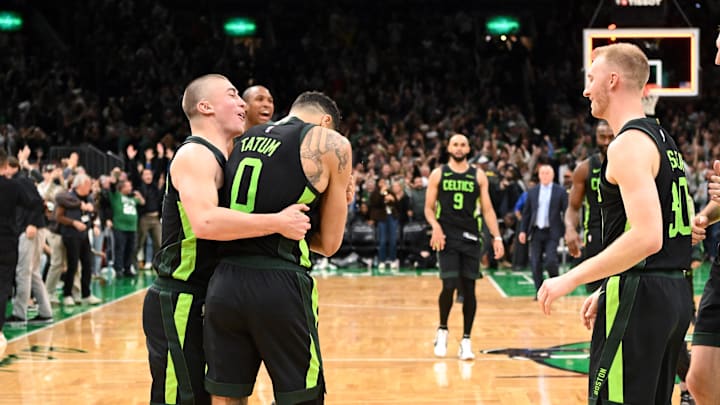 Nov 16, 2024; Boston, Massachusetts, USA; Boston Celtics forward Jayson Tatum (0) celebrates with forward Sam Hauser (30), guard Payton Pritchard (11), and center Luke Kornet (40) after making the game wining basket against the Toronto Raptors in overtime at the TD Garden. Mandatory Credit: Brian Fluharty-Imagn Images Nov 16, 2024; Boston, Massachusetts, USA; Boston Celtics forward Jayson Tatum (0) celebrates with forward Sam Hauser (30), guard Payton Pritchard (11), and center Luke Kornet (40) after making the game wining basket against the Toronto Raptors in overtime at the TD Garden. Mandatory Credit: Brian Fluharty-Imagn Images
