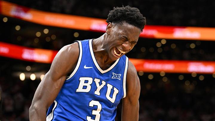 Nov 15, 2025; Boston, Massachusetts, USA; BYU Cougars forward AJ Dybantsa (3) reacts after making a basket against the UConn Huskies during the second half at TD Garden. Mandatory Credit: Eric Canha-Imagn Images Nov 15, 2025; Boston, Massachusetts, USA; BYU Cougars forward AJ Dybantsa (3) reacts after making a basket against the UConn Huskies during the second half at TD Garden. Mandatory Credit: Eric Canha-Imagn Images