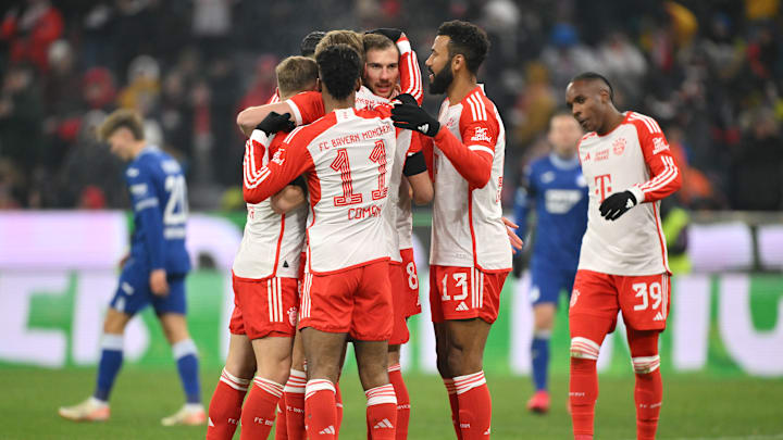 Bayern Munich celebrating Harry Kane's goal against Hoffenheim on matchday 18 of the Bundesliga.