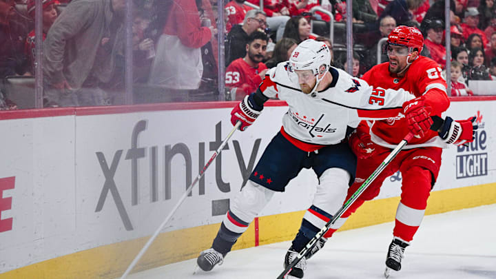 Feb 27, 2024; Detroit, Michigan, USA; Washington Capitals right wing Anthony Mantha (39) and Detroit