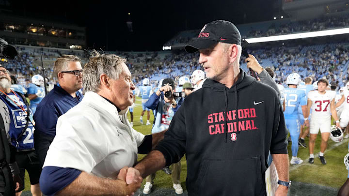 Nov 8, 2025; Chapel Hill, North Carolina, USA; North Carolina Tar Heels head coach Bill Belichick with Stanford Cardinal head coach Frank Reich after the game at Kenan Stadium. Mandatory Credit: Bob Donnan-Imagn Images Nov 8, 2025; Chapel Hill, North Carolina, USA; North Carolina Tar Heels head coach Bill Belichick with Stanford Cardinal head coach Frank Reich after the game at Kenan Stadium. Mandatory Credit: Bob Donnan-Imagn Images