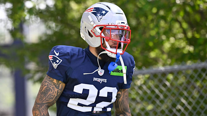 Jul 28, 2025; Foxborough, MA, USA; New England Patriots safety Marcus Epps (22) heads to the practice fields for training camp at Gillette Stadium. Mandatory Credit: Eric Canha-Imagn Images
