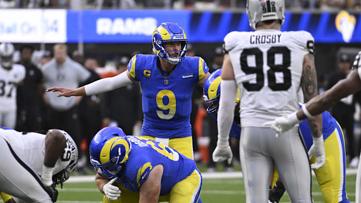 Oct 20, 2024; Inglewood, California, USA; Los Angeles Rams quarterback Matthew Stafford (9) calls a play during the second half against the Las Vegas Raiders at SoFi Stadium. Mandatory Credit: Alex Gallardo-Imagn Images Oct 20, 2024; Inglewood, California, USA; Los Angeles Rams quarterback Matthew Stafford (9) calls a play during the second half against the Las Vegas Raiders at SoFi Stadium. Mandatory Credit: Alex Gallardo-Imagn Images