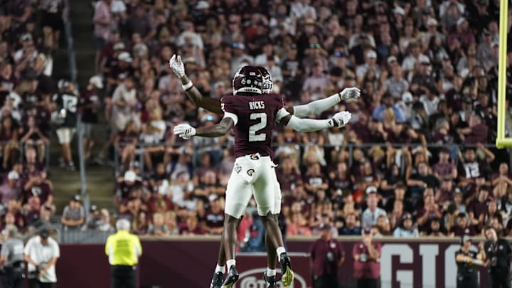 Aug 30, 2025; College Station, Texas, USA; Texas A&M Aggies cornerback Dezz Ricks (2) celebrates during the second half against the UTSA Roadrunners at Kyle Field. Mandatory Credit: Sean Thomas-Imagn Images