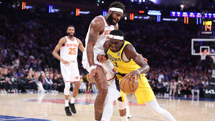 May 23, 2025; New York, New York, USA; Indiana Pacers forward Pascal Siakam (43) controls the ball against New York Knicks center Mitchell Robinson (23) in the first half during game two of the eastern conference finals for the 2025 NBA Playoffs at Madison Square Garden. Mandatory Credit: Wendell Cruz-Imagn Images