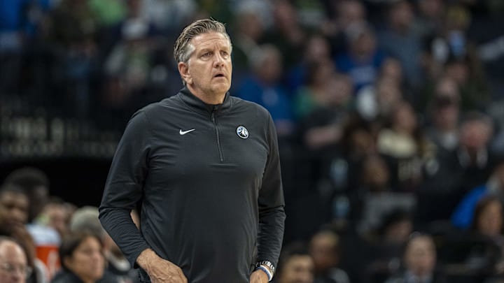 Mar 17, 2025; Minneapolis, Minnesota, USA; Minnesota Timberwolves head coach Chris Finch looks on against the Indiana Pacers in the first half at Target Center. Mandatory Credit: Jesse Johnson-Imagn Images