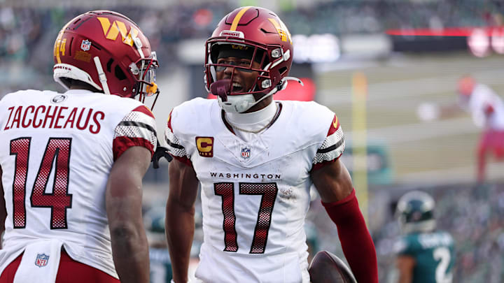 Jan 26, 2025; Philadelphia, PA, USA; Washington Commanders wide receiver Terry McLaurin (17) reacts after a play with wide receiver Olamide Zaccheaus (14) against the Philadelphia Eagles during the first half in the NFC Championship game at Lincoln Financial Field. Mandatory Credit: Bill Streicher-Imagn Images