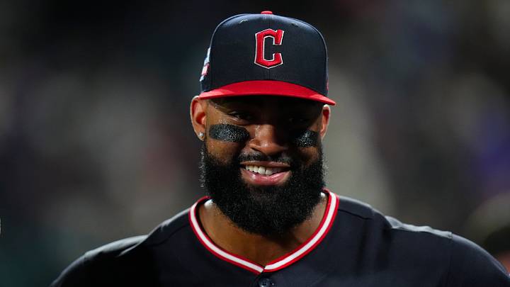 Aug 22, 2026; Denver, Colorado, USA;  Cleveland Guardians right fielder Jo Adell (7) reacts following the win against the Colorado Rockies at Coors Field.  Mandatory Credit: Ron Chenoy-Imagn Images