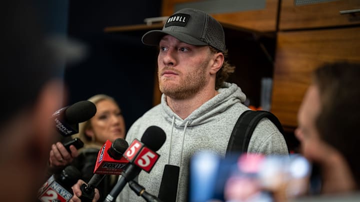 Tennessee Titans quarterback Will Levis gives an interview as the team cleans out their locker room at Ascension Saint Thomas Sports Park in Nashville, Tenn., Monday, Jan. 6, 2025. Tennessee Titans quarterback Will Levis gives an interview as the team cleans out their locker room at Ascension Saint Thomas Sports Park in Nashville, Tenn., Monday, Jan. 6, 2025.