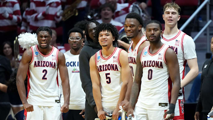 Mar 20, 2026; San Diego, CA, USA; The Arizona Wildcats  bench reacts in the second half against the LIU Sharks during a first round game of the men's 2026 NCAA Tournament at Viejas Arena. Mandatory Credit: Kirby Lee-Imagn Images