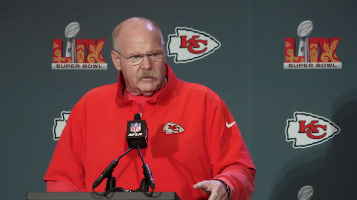Feb 5, 2025; New Orleans, LA, USA; Kansas City Chiefs head coach Andy Reid speaks in a press conference ahead of Super Bowl LIX at New Orleans Marriott. Mandatory Credit: Kirby Lee-Imagn Images