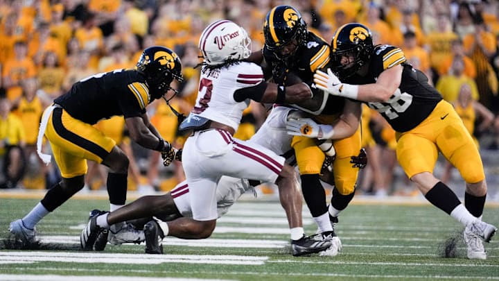 DUPLICATE***Iowa Hawkeyes running back Jaziun Patterson (4) carries the ball against the Massachusetts Minutemen Sept. 13, 2025 at Kinnick Stadium in Iowa City, Iowa.